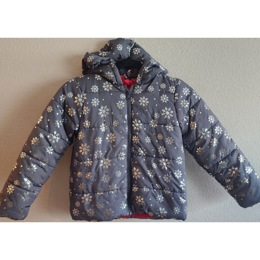 Gymboree Jacket Girls Medium 7-8 Gray Snowflake Print Hooded Winter Coat Warm
